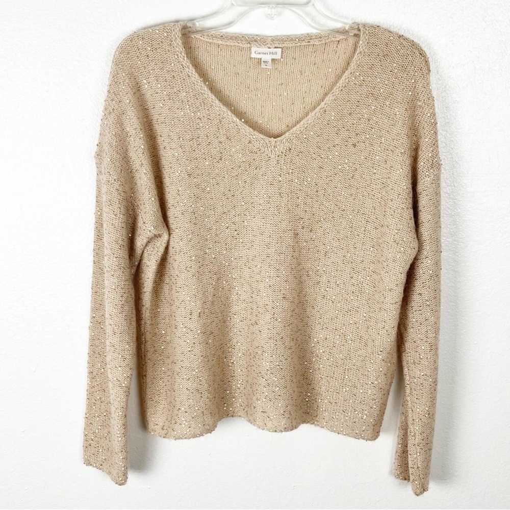 GARNET HILL Metallic Gold Sequin Alpaca Wool Blend V-Neck Sweater Medium Party